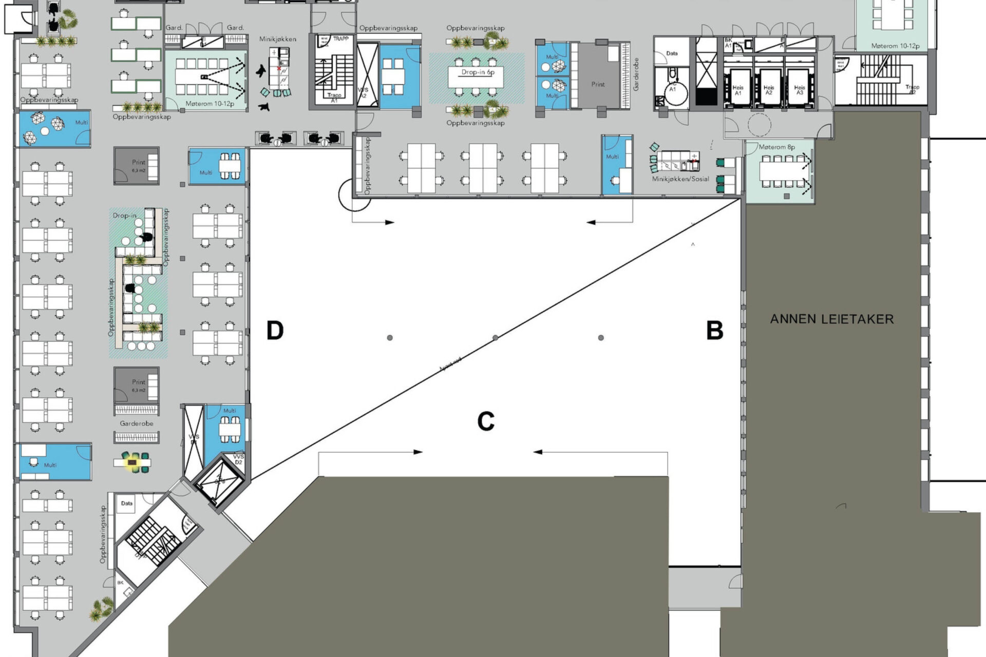 Forslag til planløsning: 1695 kvm BTA i 4.etg.